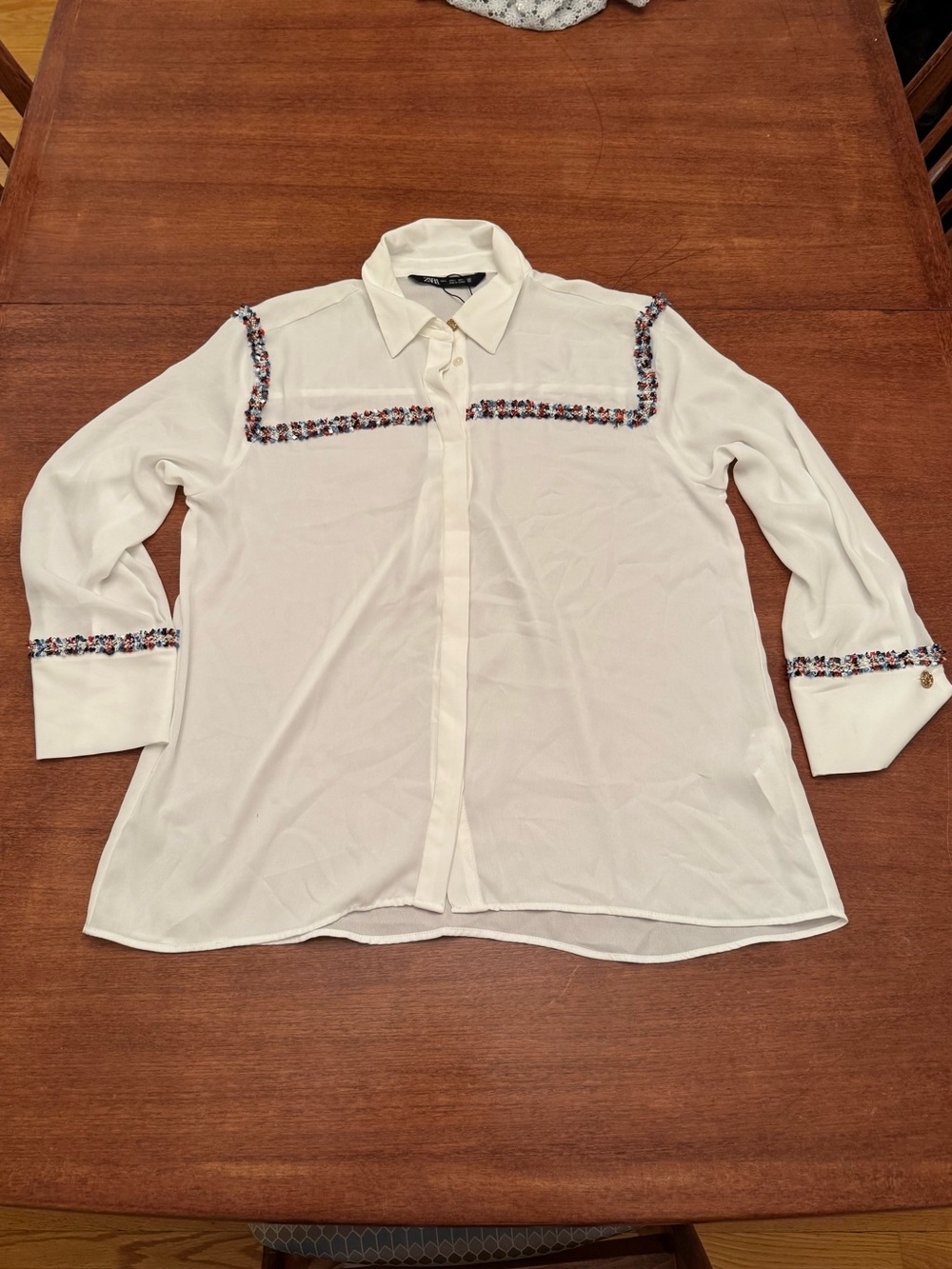 Zara Size Large Sheer white button up with Frocked & beaded decoration